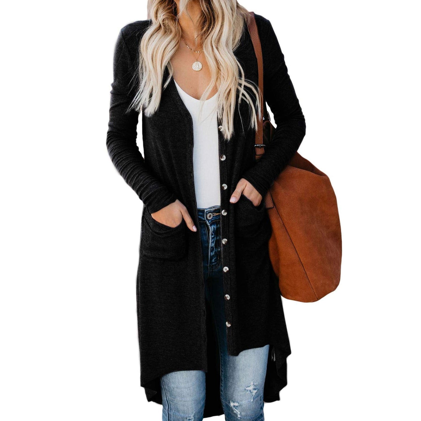 Damen Lange Strickjacke mit praktischen Taschen und Knopfleiste Amawinc