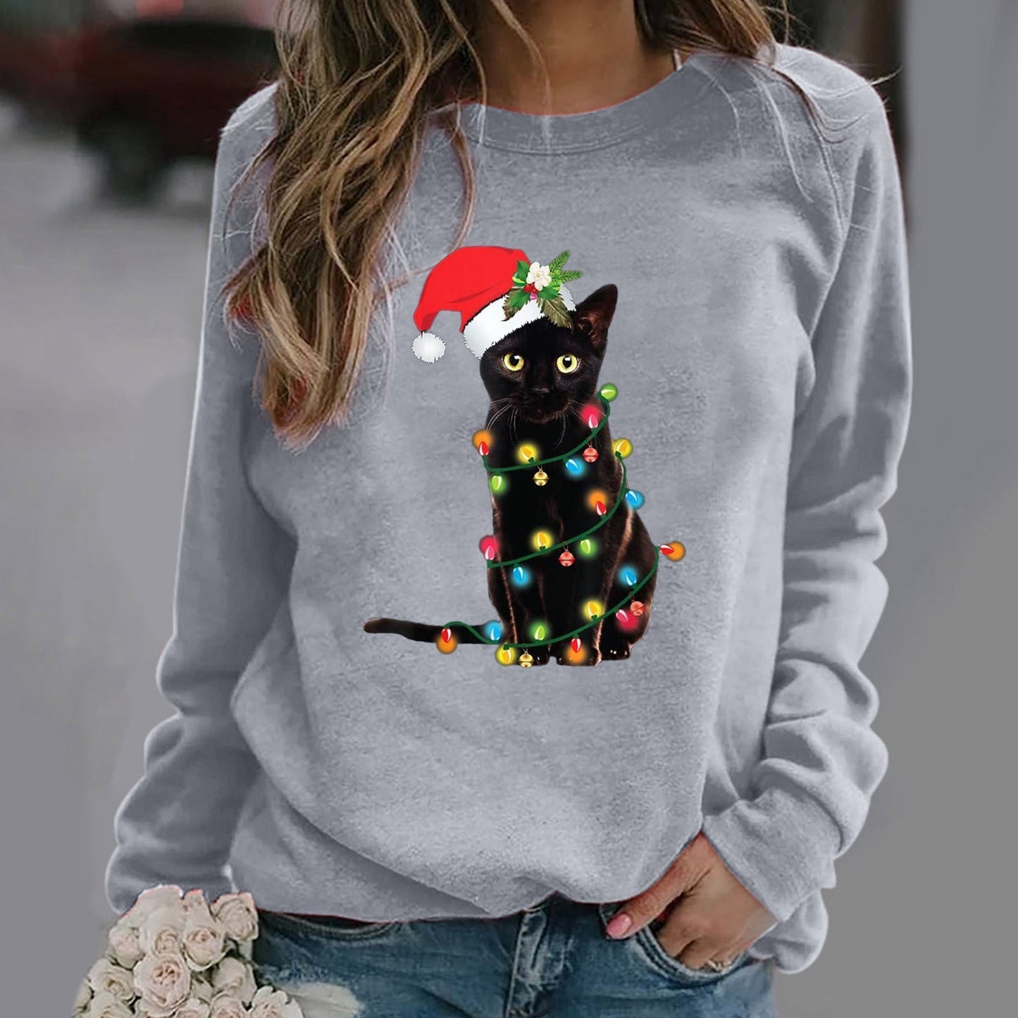 Sweatshirt Femme En Coton Mélangé Coupe Décontractée Col Rond Manches Longues Graphique