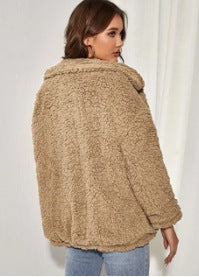 Damen Flauschige Teddyjacke mit Umlegekragen und Beuteltaschen Amawinc