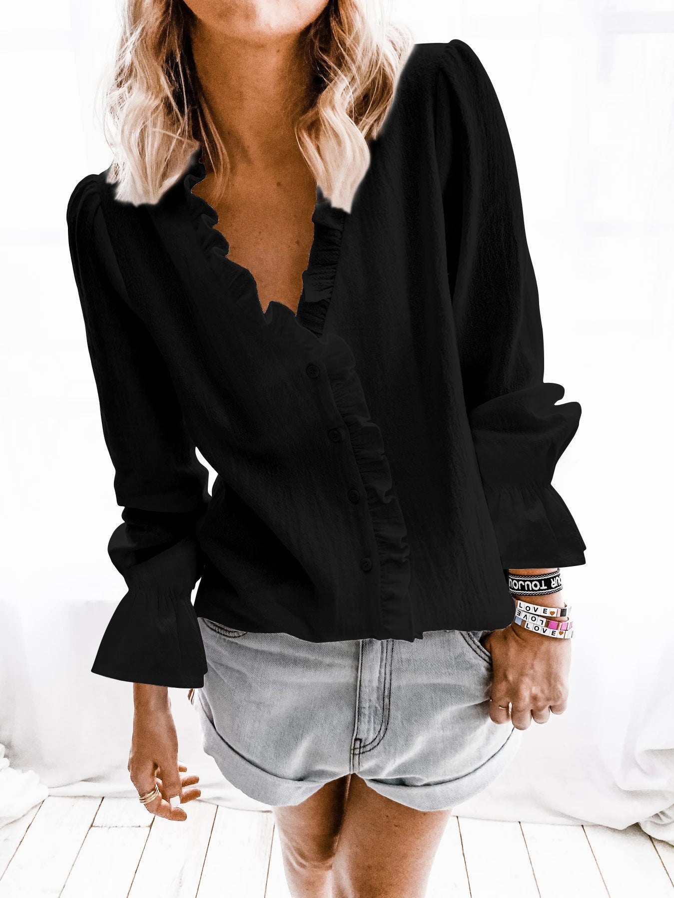 Damen Blusenshirt mit Rüschendetails und Knopfverschluss Amawinc