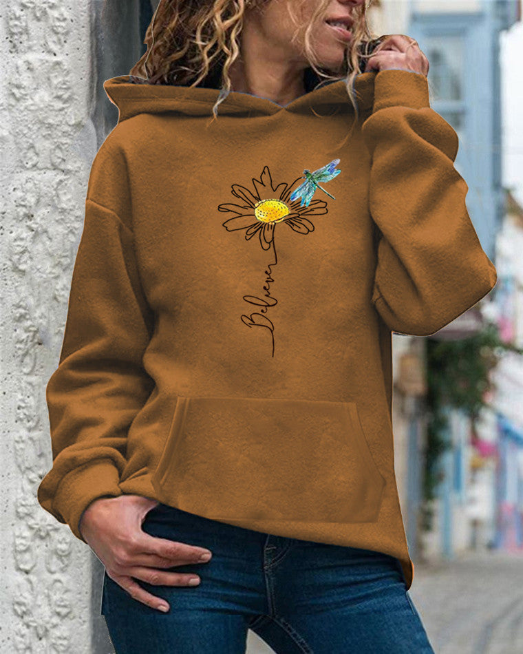 Sweat À Capuche Pour Femme Coupe Décontractée En Coton Imprimé Tournesol Manches Longues