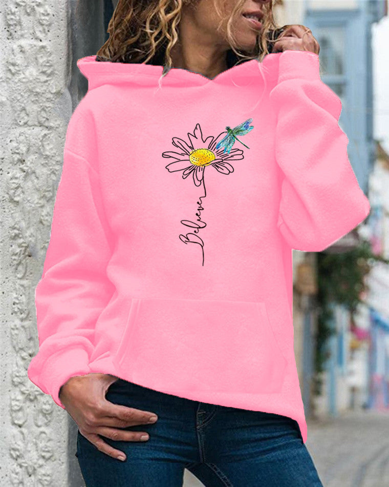 Sweat À Capuche Pour Femme Coupe Décontractée En Coton Imprimé Tournesol Manches Longues