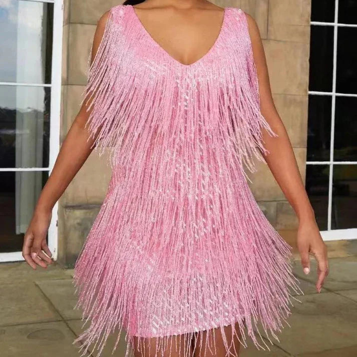 Robe De Cocktail Pour Femmes Encolure V Sans Manches Sequins Franges Mini Cintrée Pour Soirées Festives Amawinc