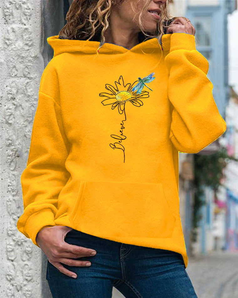 Sweat À Capuche Pour Femme Coupe Décontractée En Coton Imprimé Tournesol Manches Longues