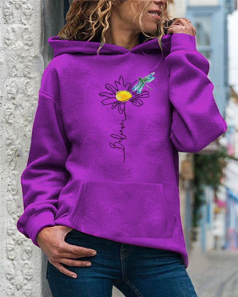 Sweat À Capuche Pour Femme Coupe Décontractée En Coton Imprimé Tournesol Manches Longues