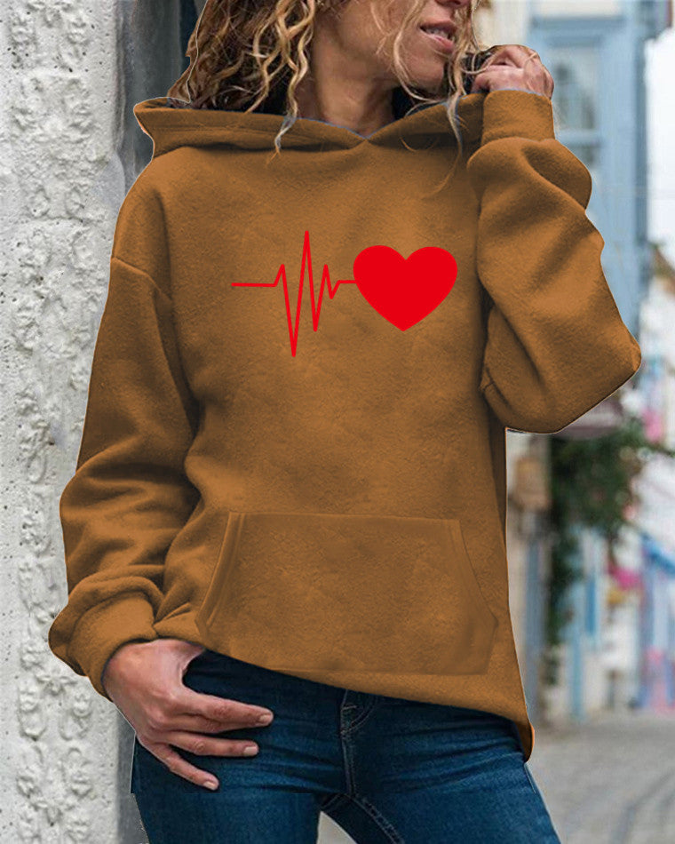 Sweat à Capuche Femme en Mélange de Coton Coupe Décontractée Imprimé Cœur Manches Longues