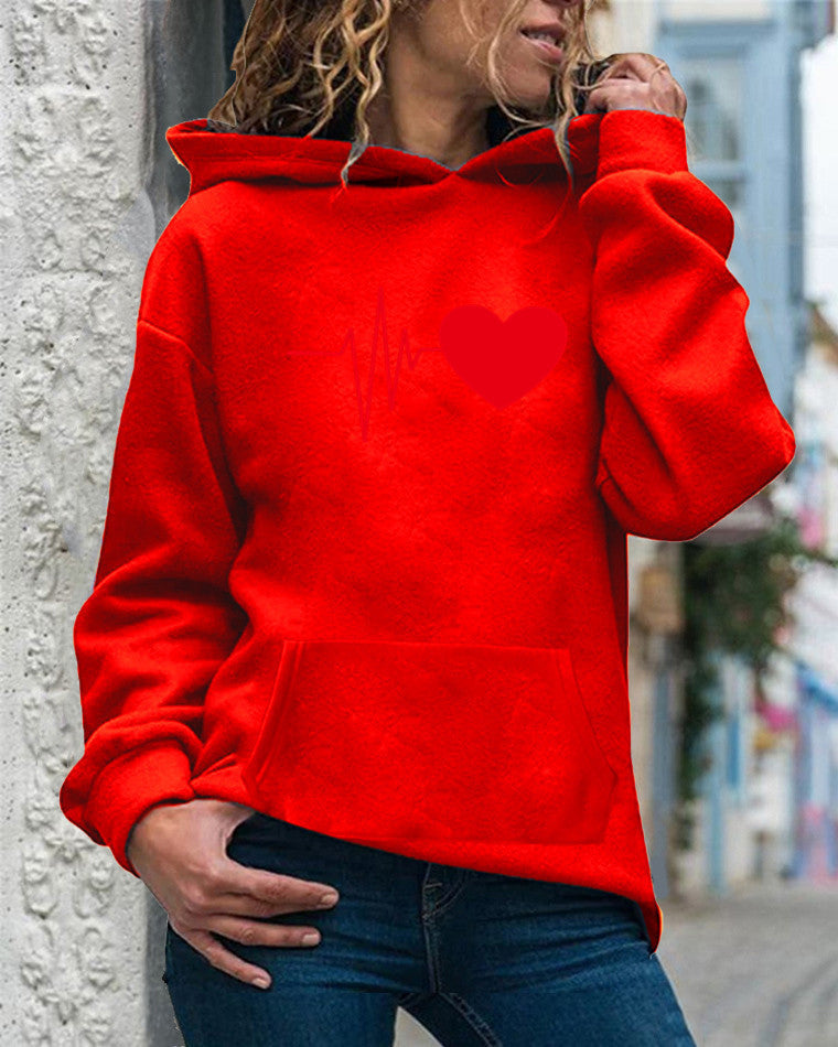 Sweat à Capuche Femme en Mélange de Coton Coupe Décontractée Imprimé Cœur Manches Longues