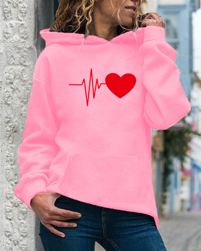 Sweat à Capuche Femme en Mélange de Coton Coupe Décontractée Imprimé Cœur Manches Longues