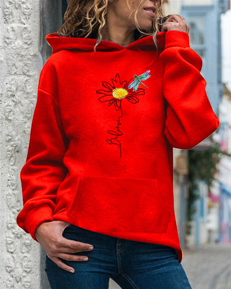 Sweat À Capuche Pour Femme Coupe Décontractée En Coton Imprimé Tournesol Manches Longues