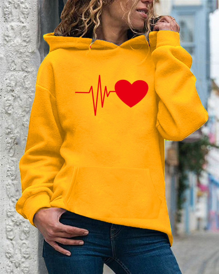 Sweat à Capuche Femme en Mélange de Coton Coupe Décontractée Imprimé Cœur Manches Longues