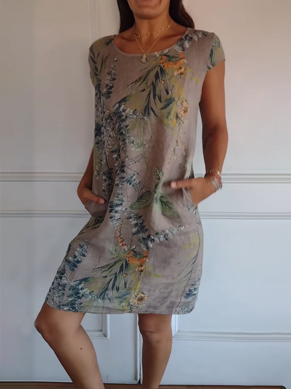 Robe Femme Décontractée À Manches Courtes Encolure Ronde Avec Poches Latérales Et Imprimé Botanique