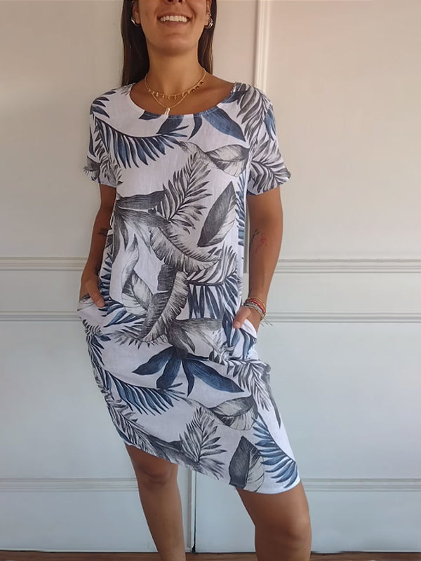 Robe Femme Décontractée À Manches Courtes Encolure Ronde Avec Poches Latérales Et Imprimé Botanique