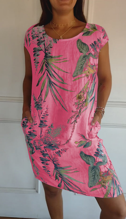 Robe Femme Décontractée À Manches Courtes Encolure Ronde Avec Poches Latérales Et Imprimé Botanique