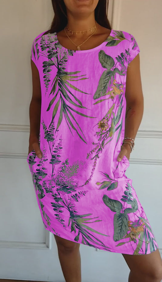 Robe Femme Décontractée À Manches Courtes Encolure Ronde Avec Poches Latérales Et Imprimé Botanique