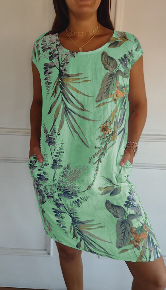 Robe Femme Décontractée À Manches Courtes Encolure Ronde Avec Poches Latérales Et Imprimé Botanique