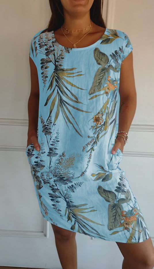 Robe Femme Décontractée À Manches Courtes Encolure Ronde Avec Poches Latérales Et Imprimé Botanique