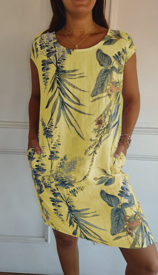 Robe Femme Décontractée À Manches Courtes Encolure Ronde Avec Poches Latérales Et Imprimé Botanique
