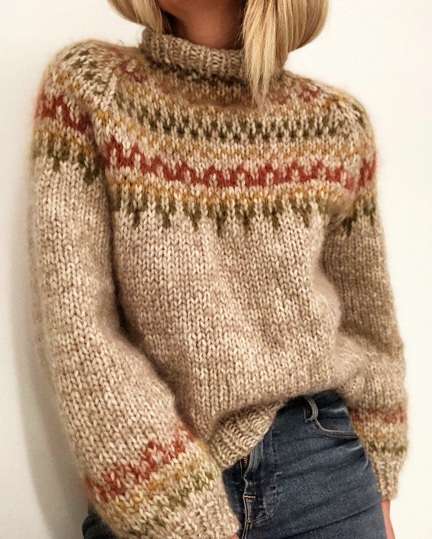 Damen Grober Strickpullover mit hohem Kragen und einzigartigem Muster Amawinc