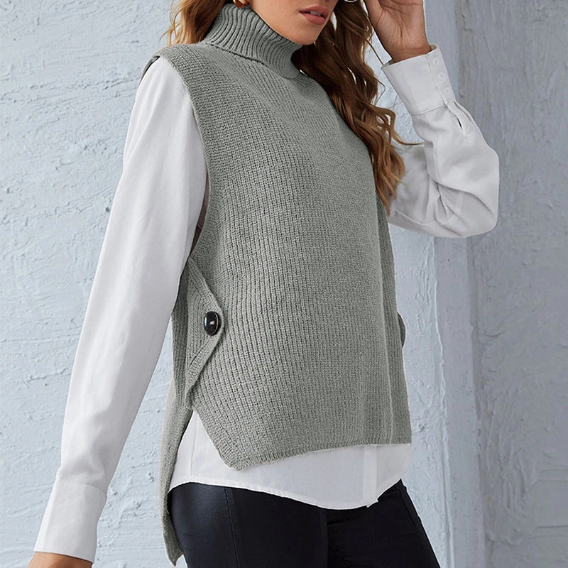Damen ärmellose Strickjacke mit hohem Kragen und Knopfdetails Amawinc