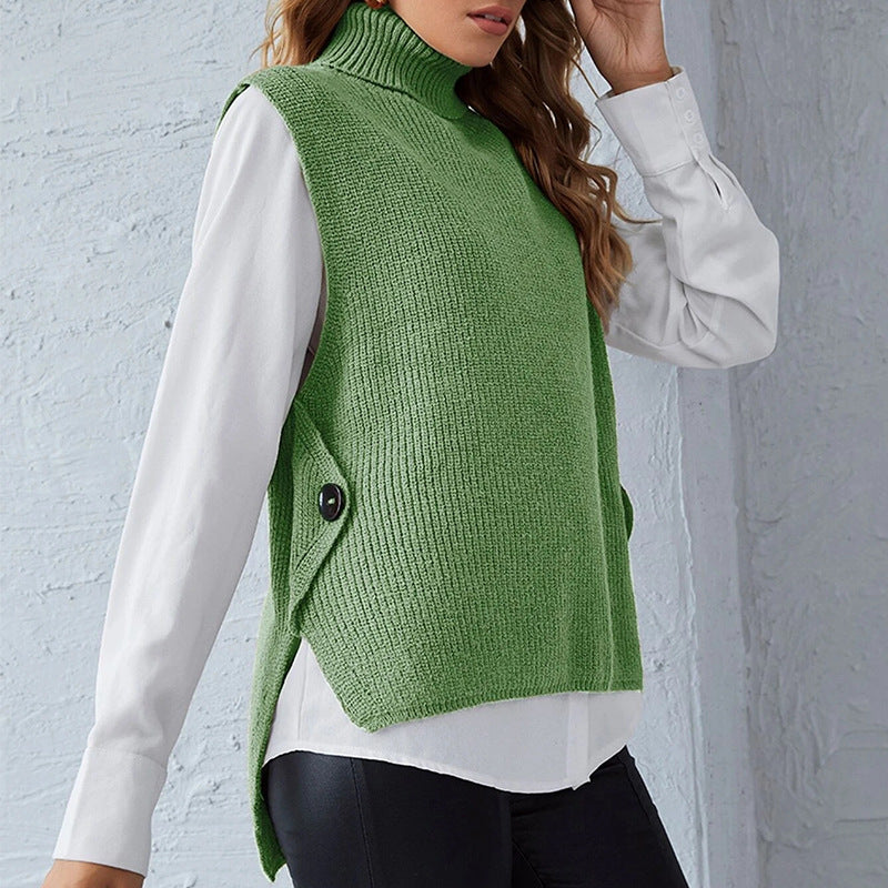 Damen ärmellose Strickjacke mit hohem Kragen und Knopfdetails Amawinc