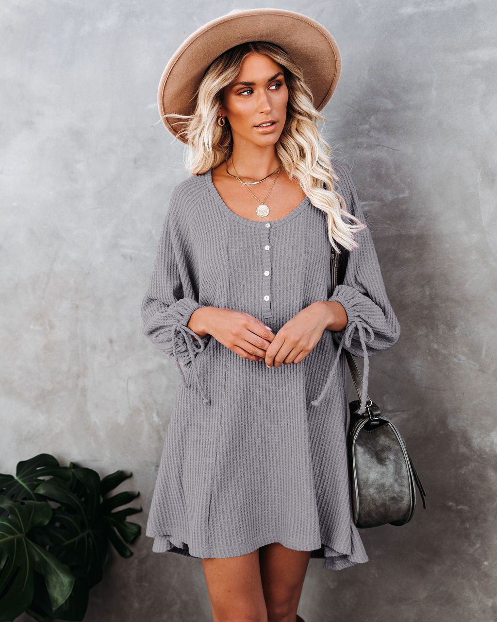 Damen lässiges Knopfkleid mit Rüschendetails und dekorativem Saum Amawinc