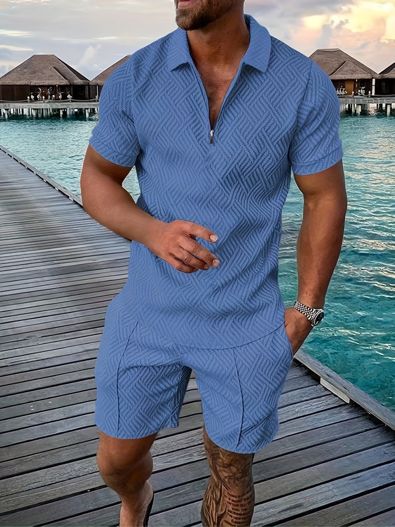 Combinaison Homme Respirante En Coton Mélangé À Manches Courtes Avec Fermeture Éclair Motif Géométrique