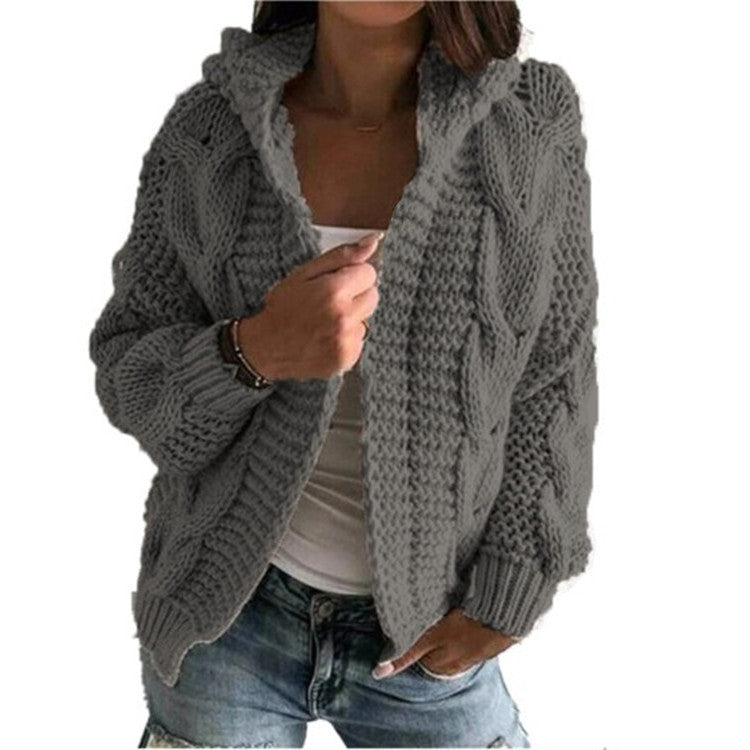 Damen Strickjacke mit Kapuze und trendigem Zopfmuster Amawinc
