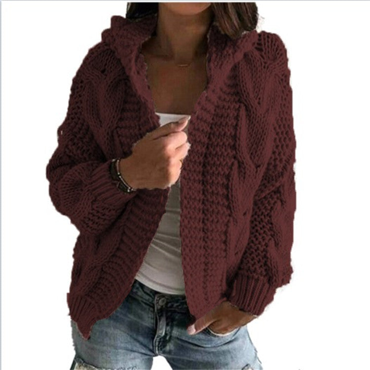 Damen Strickjacke mit Kapuze und trendigem Zopfmuster Amawinc