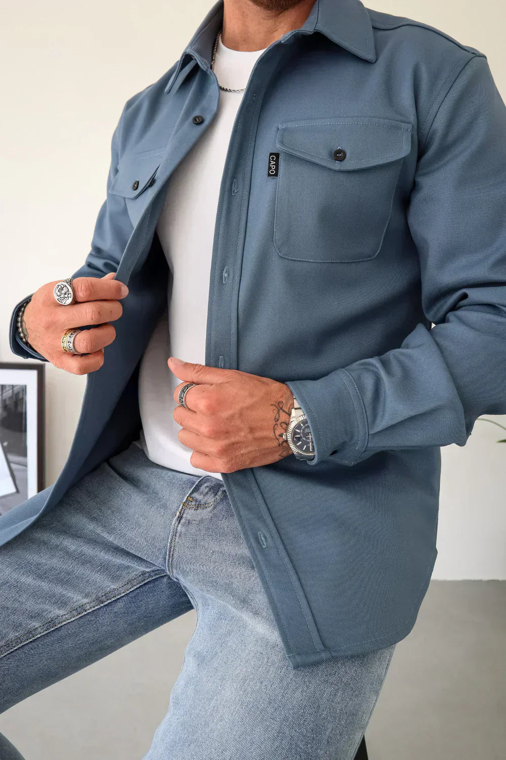 Chemise Overshirt Homme En Coton Mélangé, Coupe Décontractée, Manches Longues, Boutonnage Avant, Parfaite Pour Le Layering