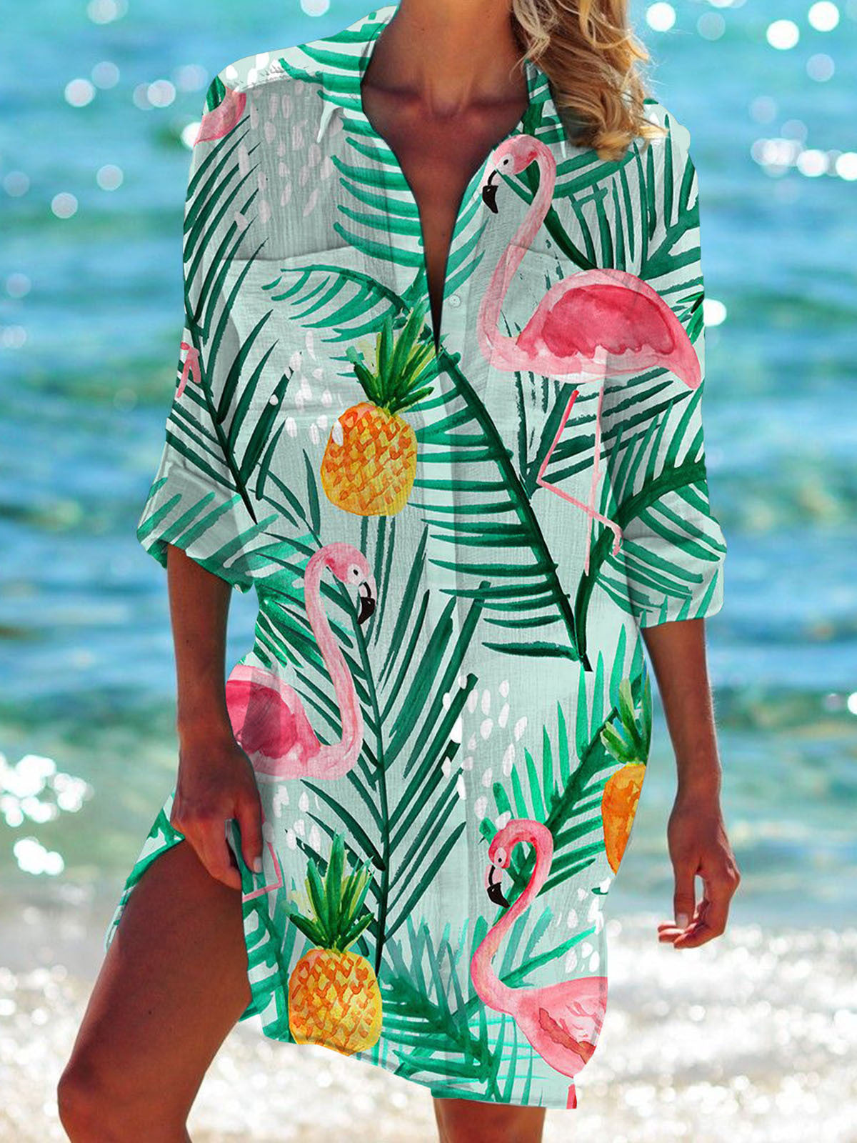 Strandkleid, Strickjacke, Badeanzug, Damenmode,  Fudus Print-Hemd für den Urlaub