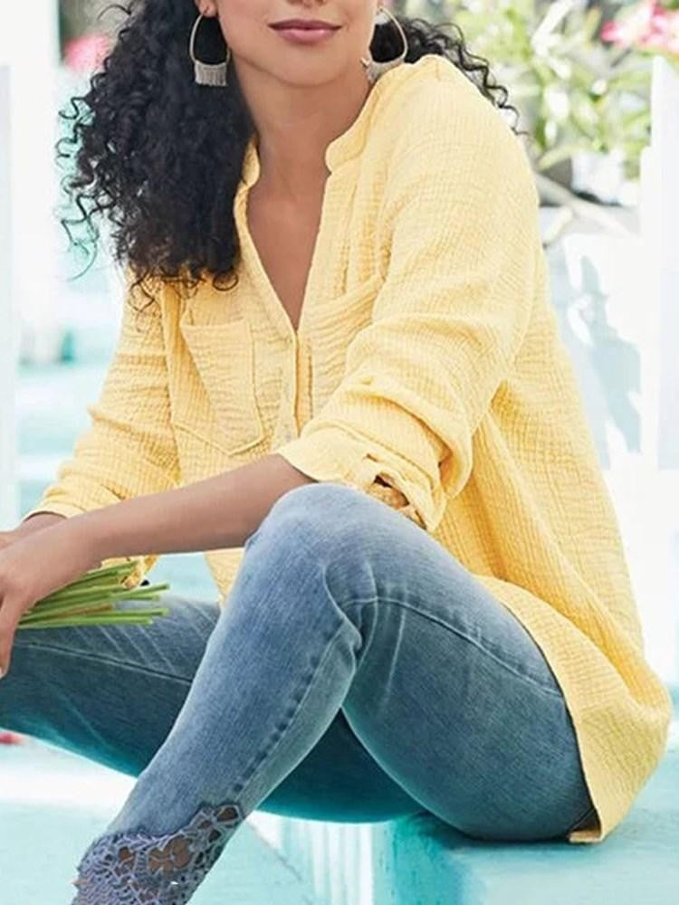 Blouse Femme Décontractée Texture Douce Manches Longues Poches Poitrine Pour Style Quotidien Chic
