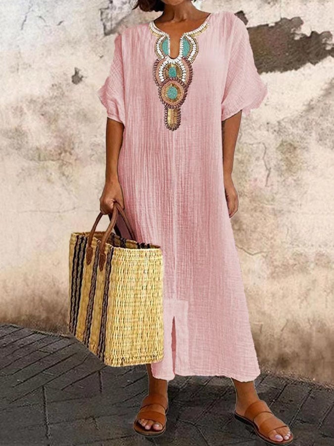 Robe Kaftan Femme Coupe Décontractée Encolure Brodée Mélange Coton Froissé Idéale Été Vacances Confortable