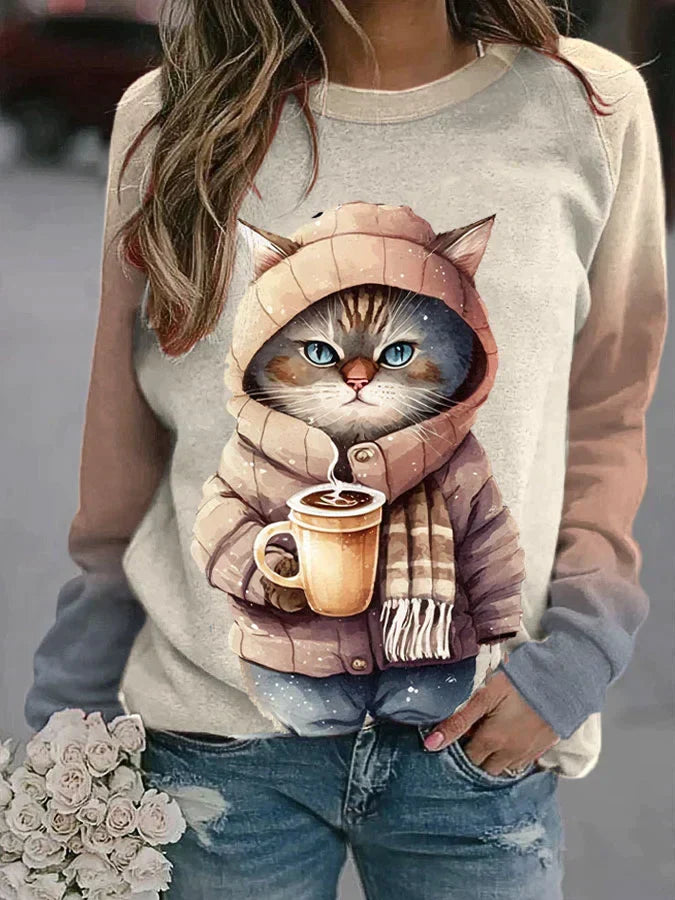 Damenpullover mit Katzen- und Kaffeemotiv