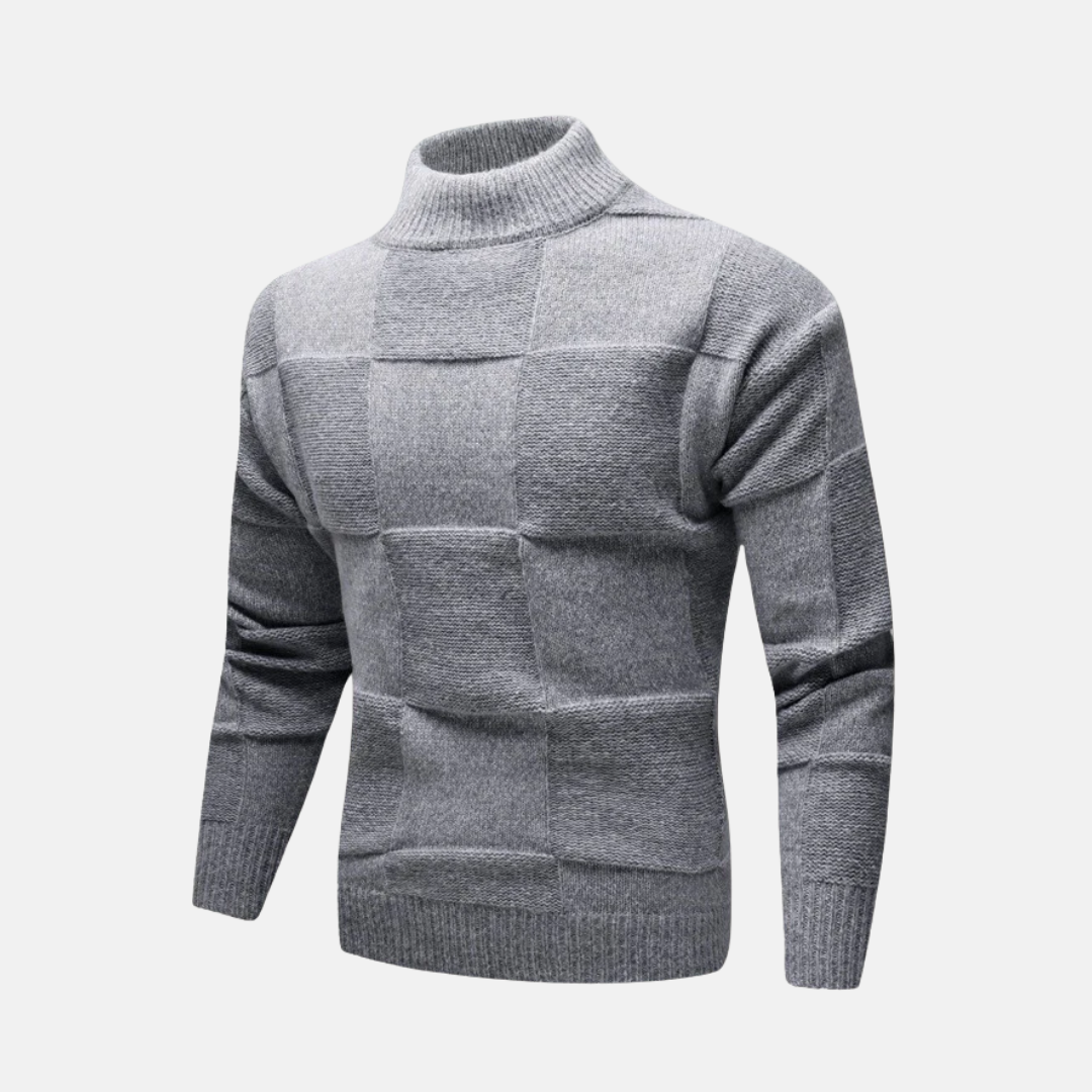 Pull Homme En Maille Fine Col Montant Motif Damier Slim Fit Pour Automne Amawinc