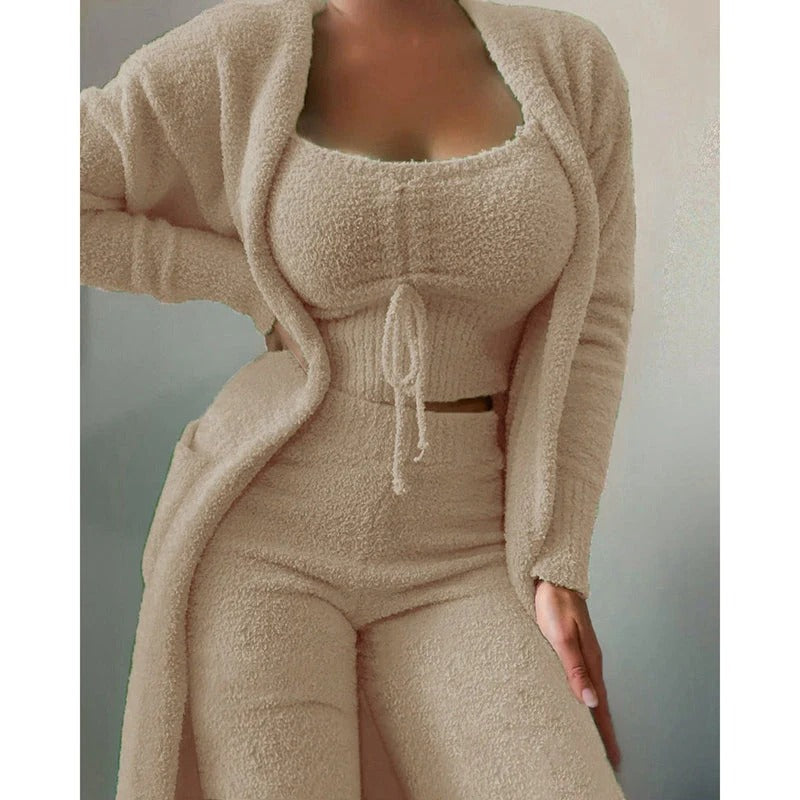 Damen Pyjama Carlotta: Bequemer 3-teiliger Fleece-Baumwoll Schlafanzug