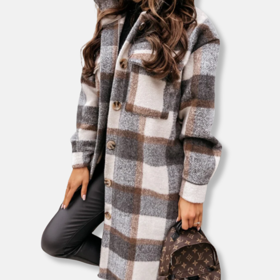 Manteau Chemise Femme En Tissu Épais à Motif Carreaux Manches Longues Longueur Mi Cuisses Coupe Ample