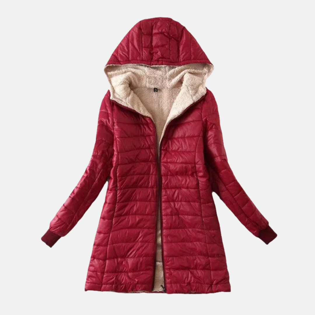 Doudoune Matelassée Pour Femmes À Capuche Mi Longue Avec Doublure Peluche Et Extérieur Quilté Coupe Regular