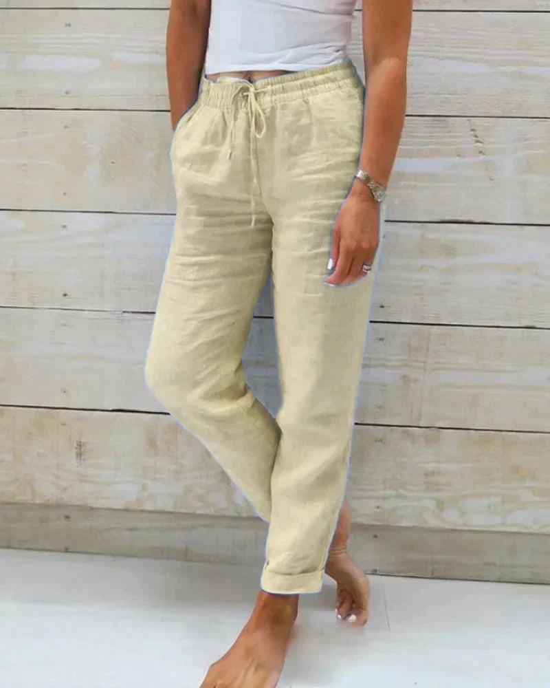 Pantalon Femme Mélange Lin Léger Confort Décontracté Taille Élastique Avec Cordon Longueur Cheville Nordic Flair