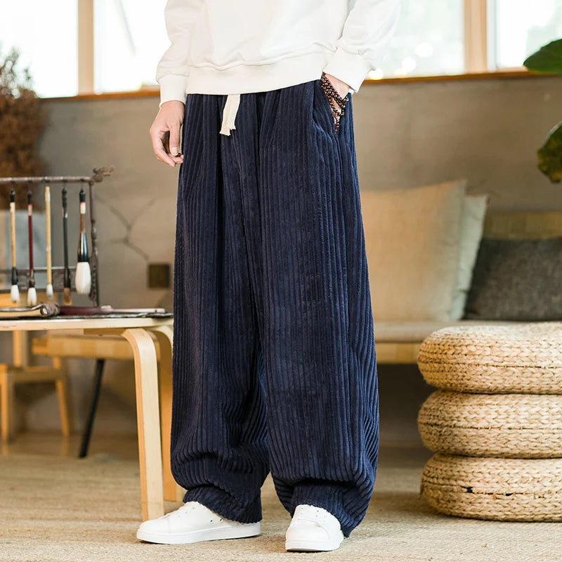 Pantalon Harem Décontracté Plissé En Velours Côtelé Uni Pour Homme Avec Taille À Cordon