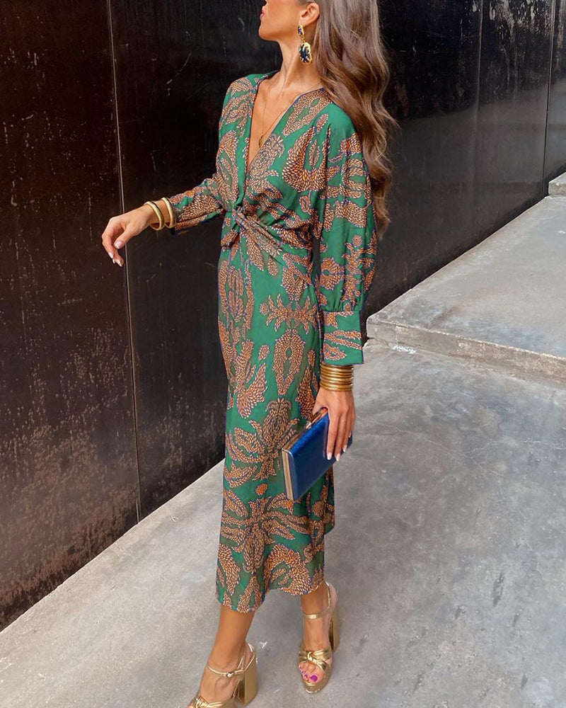 Robe Maxi Femme Décolleté En V Profond Avec Nœud Et Manches Trois Quarts Élégante Et Fluide
