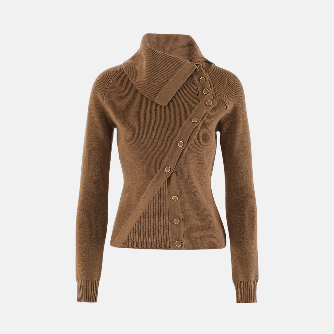 Top En Maille Femme Slim Fit À Côtes En Mélange De Laine Avec Col Asymétrique Et Boutons