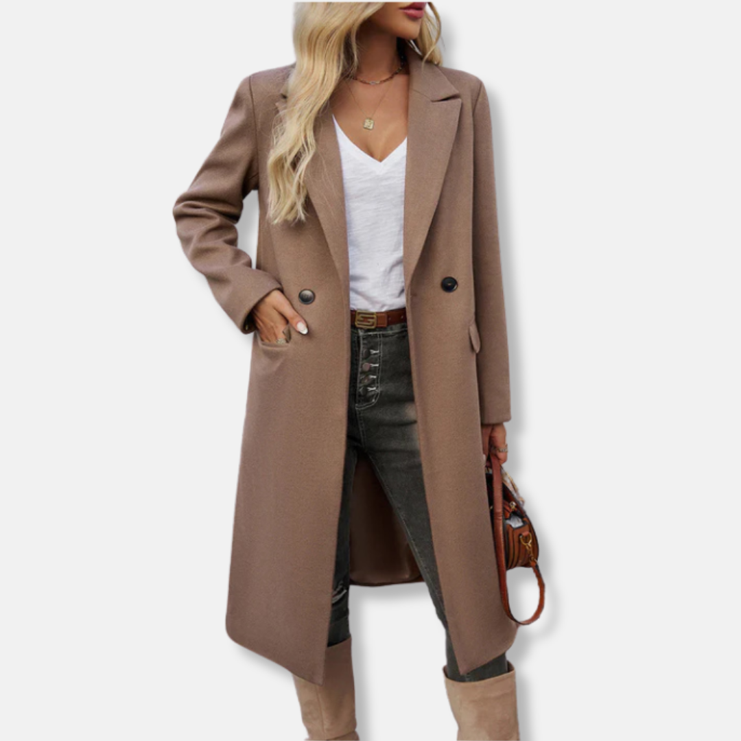 Amawinc Manteau Long Pour Femme En Mélange De Laine Coupe Décontractée Double Boutonnage Col À Revers Élégant
