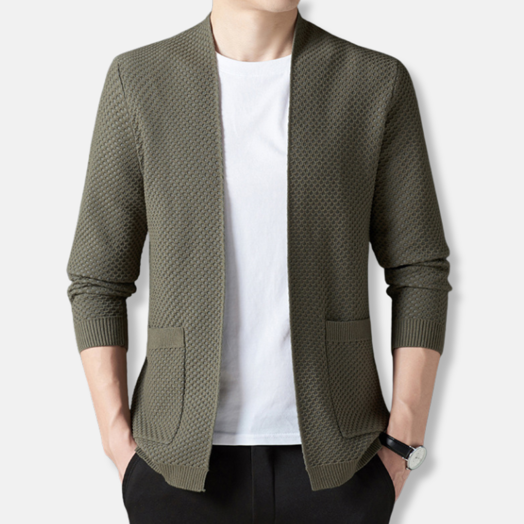 Cardigan En Maille Pour Homme Ouverture Frontale Texture Gaufre Coupe Décontractée Longueur À La Hanche Idéal Pour Automne