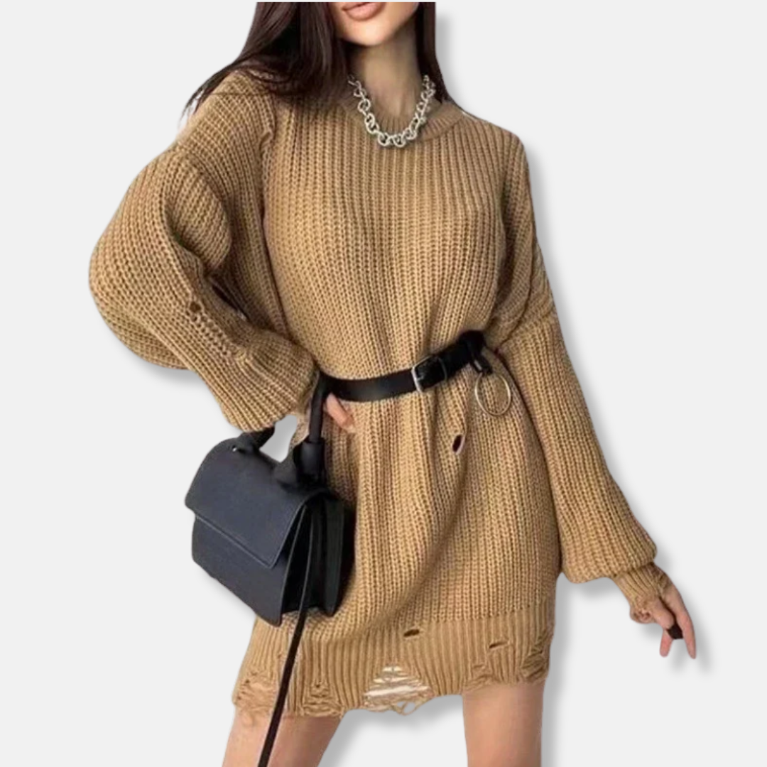 Robe Courte En Maille Côtelée À Manches Ballon Avec Ourlet Usé Pour Un Style Décontracté et Sophistiqué