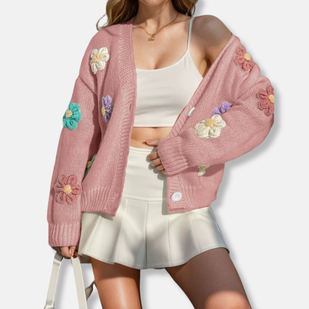 Cardigan En Maille Pour Femme Oversize Mélange De Laine Détails Floraux Faits Main Boutonné Devant