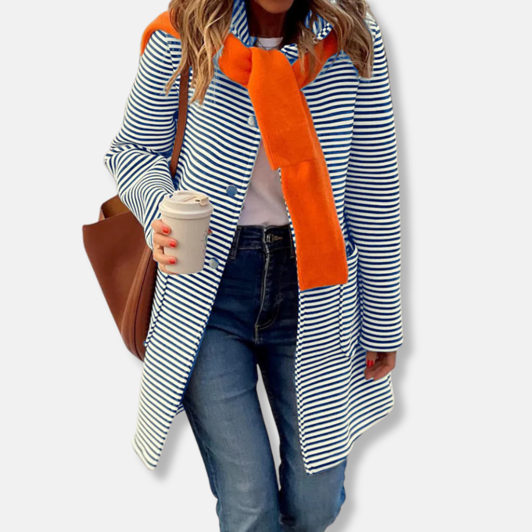 Trench Coat Femme Coupe Décontractée Longueur Mi Cuisse Rayé Coton Mélangé Double Boutonnage Nordisk Flair