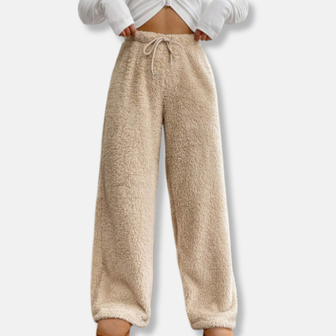 Pantalon de Détente pour Femme en Polaire Moelleuse, Coupe Ample, Jambe Large, Taille à Cordon, Longueur Totale