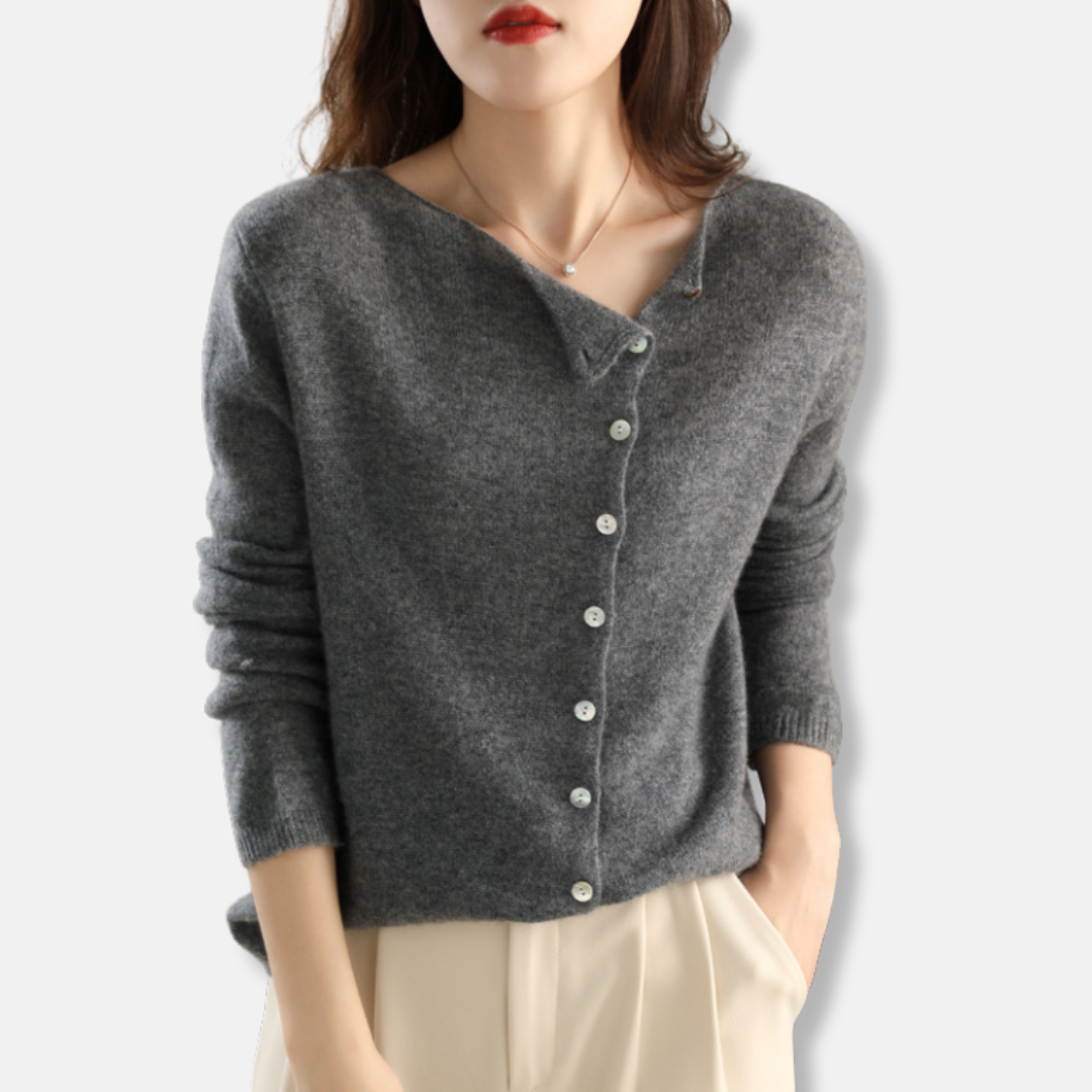 Cardigan Femme En Maille Douce Coupe Décontractée Encolure Asymétrique Poignets Côtelés
