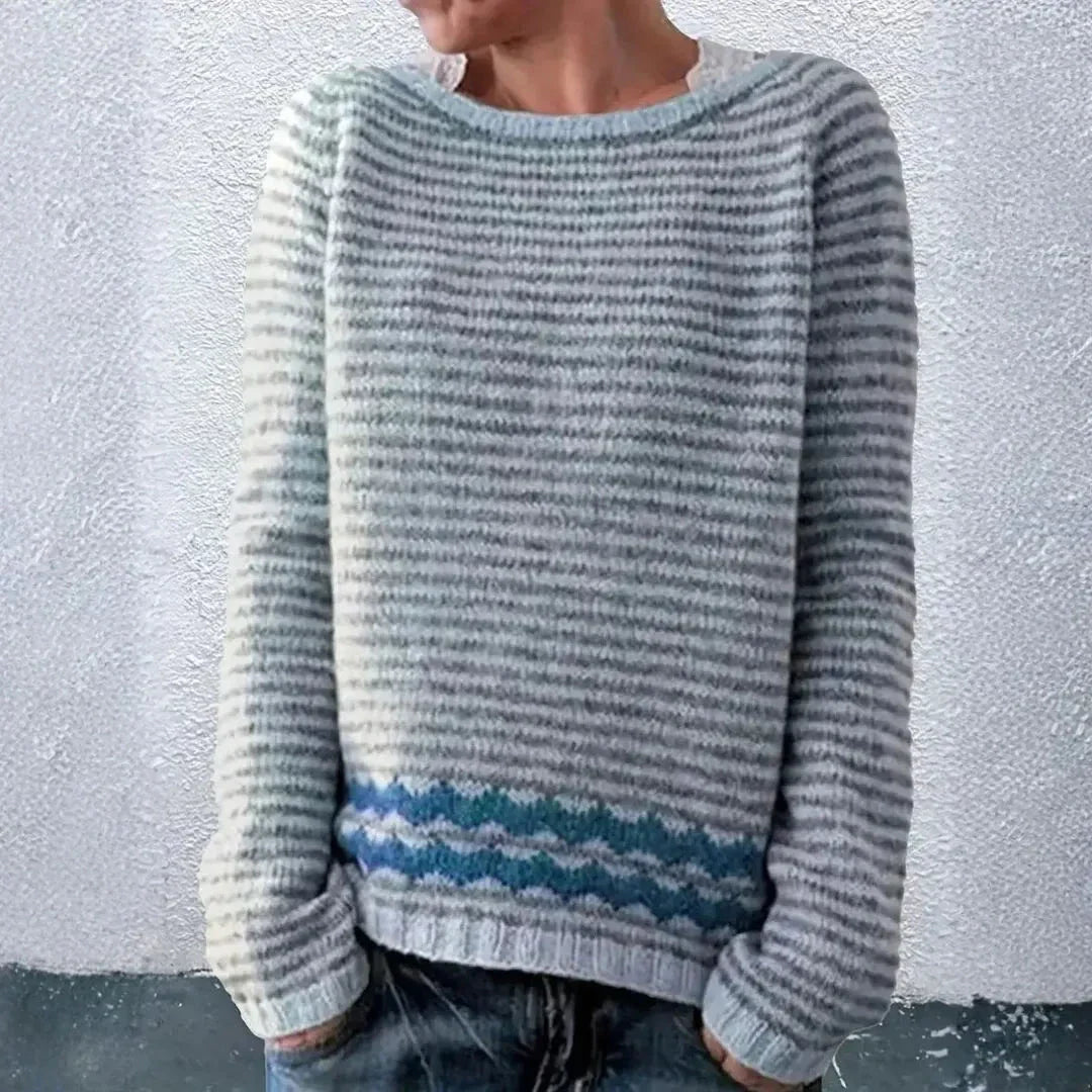 Pull En Maille À Rayures Lulu Décontracté Avec Détail Vague Contrasté À L’Ourlet Et Poignets Côtelés