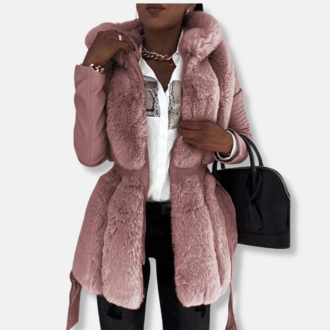 Manteau Mi-Long Femme Avec Fourrure Synthétique Devant Ceinture À La Taille Manches Rembourrées Coupe Cintrée